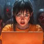 A woman with wide eyes looks at a glowing laptop, surrounded by zombies with glowing red eyes and open mouths in a dimly lit setting.