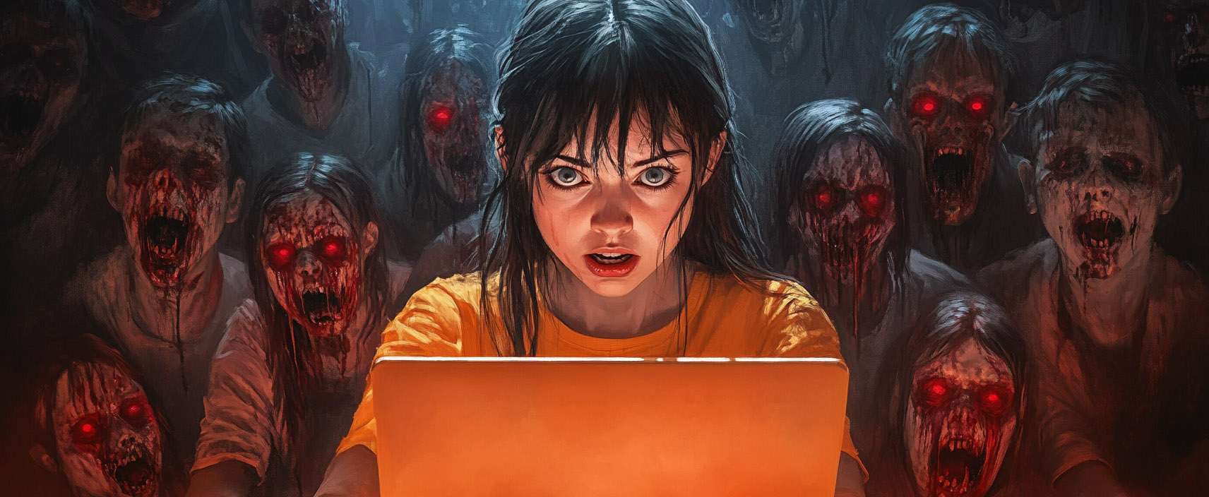 A woman with wide eyes looks at a glowing laptop, surrounded by zombies with glowing red eyes and open mouths in a dimly lit setting.