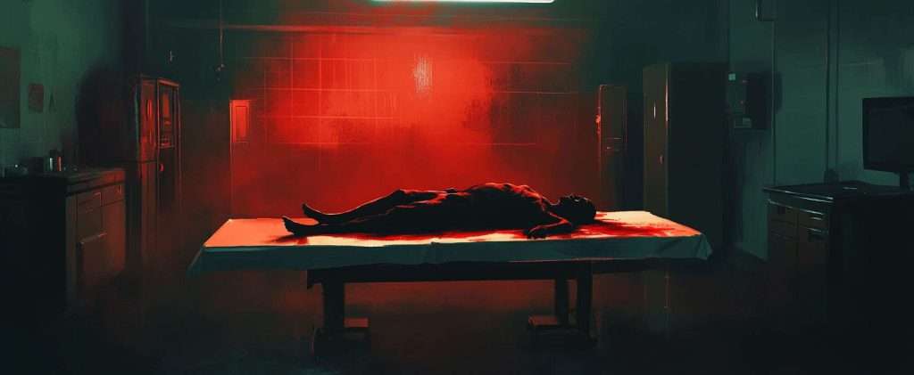 A dimly lit room with a red hue, showing a silhouetted figure lying on its back on an examination table.