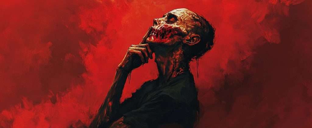 A skeletal figure with decayed flesh and a contemplative pose against a vivid red background.