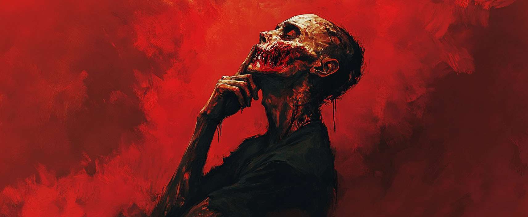 A skeletal figure with decayed flesh and a contemplative pose against a vivid red background.