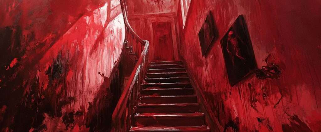 A dimly lit staircase painted in various shades of red leads upwards, with red walls lined with dark-framed pictures on the right. The setting evokes a haunting, eerie atmosphere.