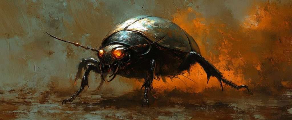 A detailed digital painting of a large beetle with glowing red eyes against an abstract fiery background.