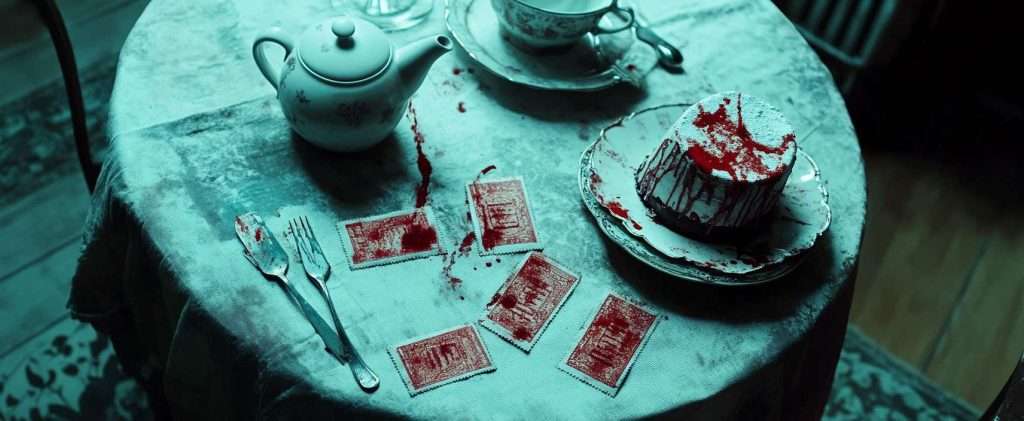 A dining table with a teapot, teacups, and a plate holds a cake. Red liquid is splattered on the tablecloth, tea set, and several arranged cards.