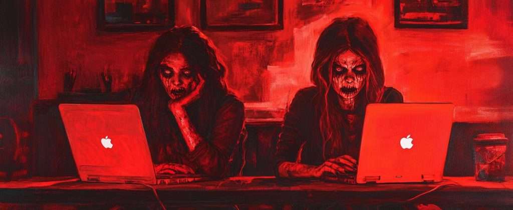 Two figures with skeletal faces use laptops in a red-hued setting, appearing intense and focused on their screens.