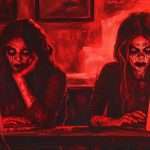 Two figures with skeletal faces use laptops in a red-hued setting, appearing intense and focused on their screens.