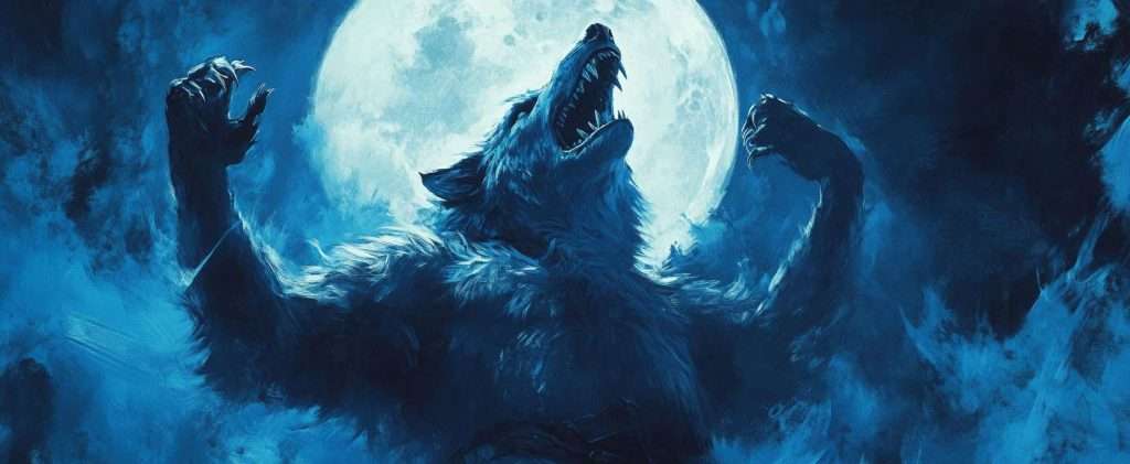 Illustration of a werewolf howling with arms raised against a large, bright full moon in a dark, blue-toned environment.