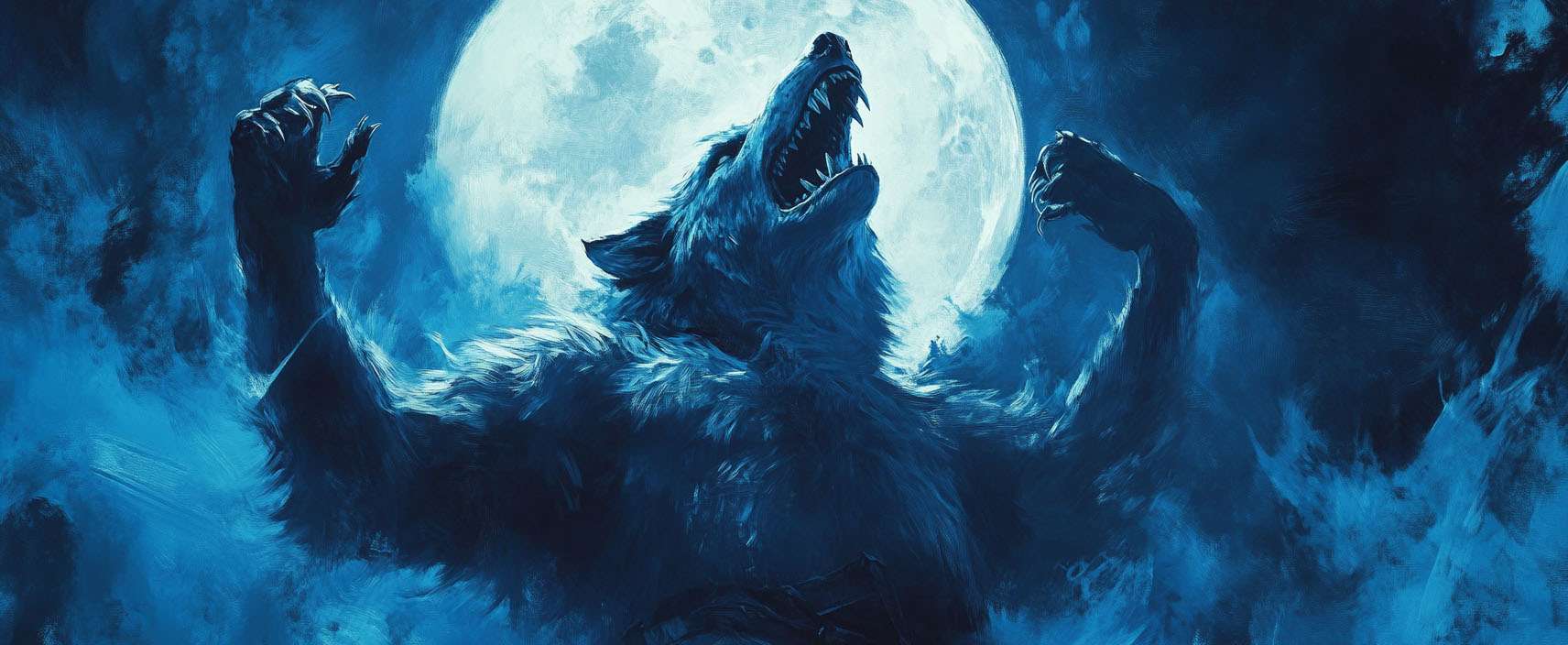 Illustration of a werewolf howling with arms raised against a large, bright full moon in a dark, blue-toned environment.