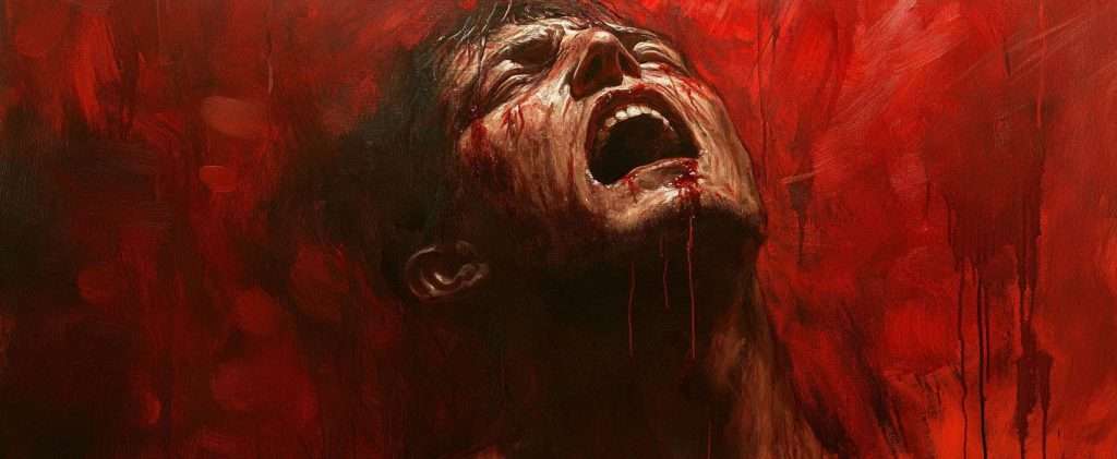 A figure covered in blood with a wide-open mouth against a red, chaotic background.