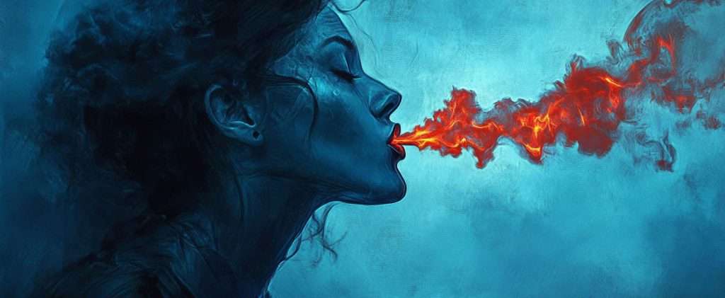 A side profile of a woman in blue tones exhaling a fiery red smoke.