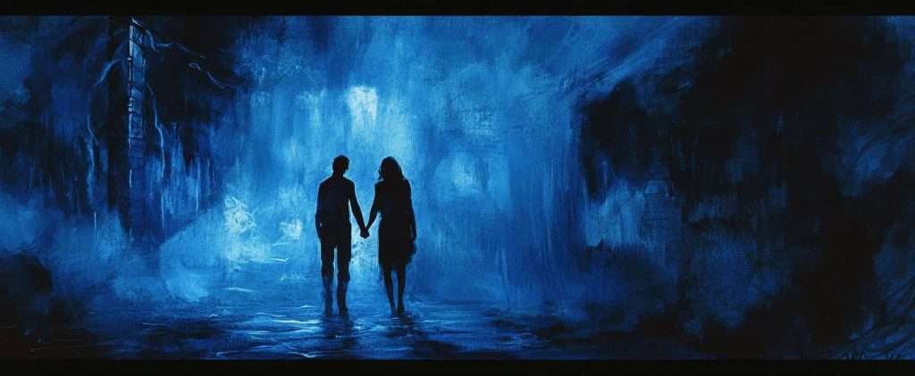 A silhouette of a couple holding hands, walking in a misty, blue-toned forest at night.
