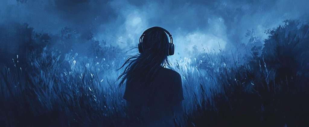 A person wearing headphones stands in a field of tall grass at night, surrounded by a blue, misty atmosphere.