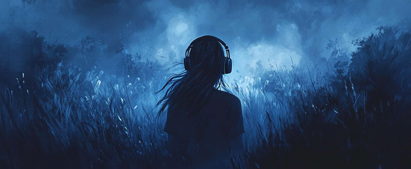 A person wearing headphones stands in a field of tall grass at night, surrounded by a blue, misty atmosphere.