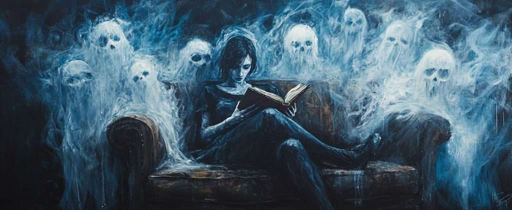 A person in dark clothing reads a book on a couch, surrounded by six ghostly figures with glowing faces in a dark, eerie setting.