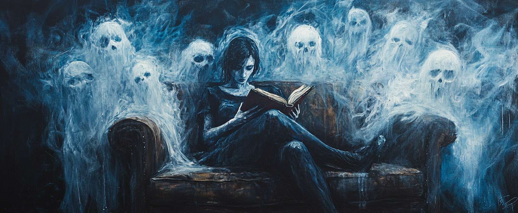 A person in dark clothing reads a book on a couch, surrounded by six ghostly figures with glowing faces in a dark, eerie setting.