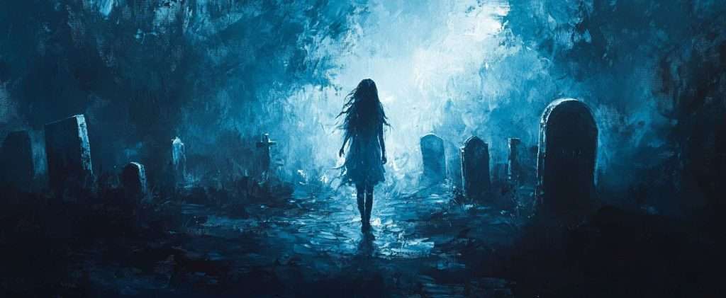 A silhouette of a girl with long hair stands in a blue-tinted, shadowy cemetery with tombstones in the background.