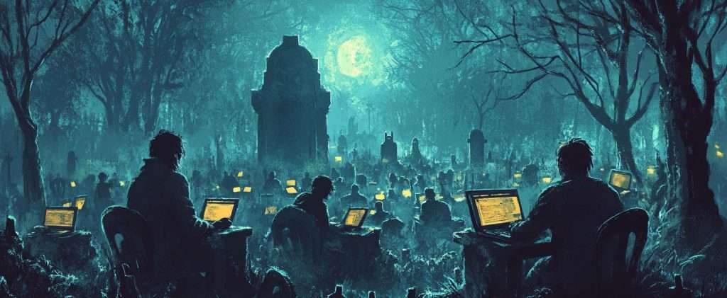 People sit in a dark forest illuminated by a full moon, using laptops among tombstones.