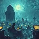 People sit in a dark forest illuminated by a full moon, using laptops among tombstones.