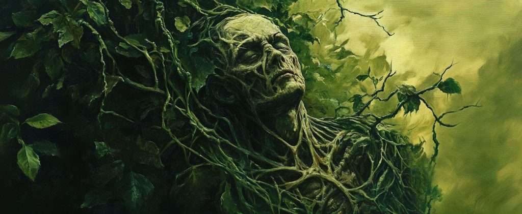 A detailed painting depicts a human figure merging with nature, with vines and leaves growing over its body and face, set against a green, forest-like background.