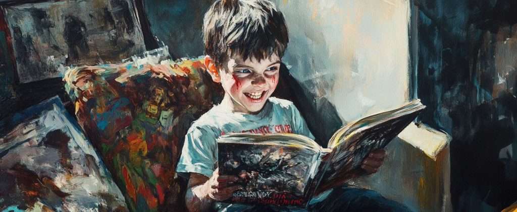 A young boy with a joyful expression sits on a colorful chair, engrossed in reading a comic book in a warmly lit room.