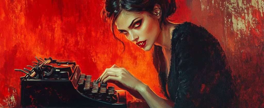 A woman with red eyes and sharp teeth types on a vintage typewriter against a fiery red background.