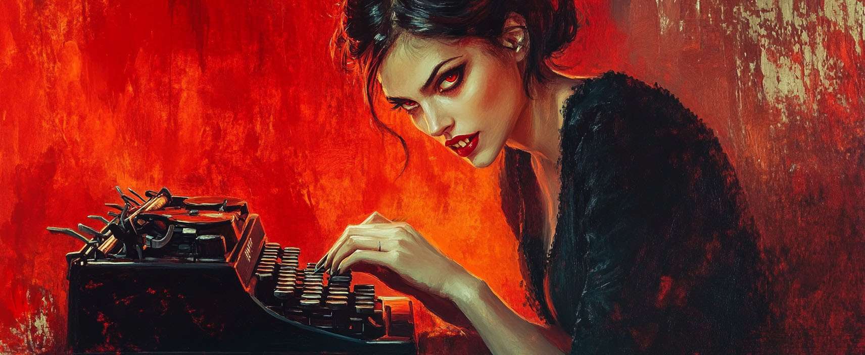 A woman with red eyes and sharp teeth types on a vintage typewriter against a fiery red background.