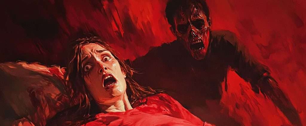 A terrified woman lies in bed with wide eyes and an open mouth while a menacing, zombie-like figure looms behind her in a room bathed in red light.