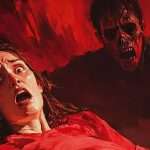 A terrified woman lies in bed with wide eyes and an open mouth while a menacing, zombie-like figure looms behind her in a room bathed in red light.