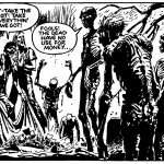 A group of animated, decayed corpses confronts two frightened individuals stealing a pile of loot while one corpse exclaims, "Fools! The dead have no use for money!.