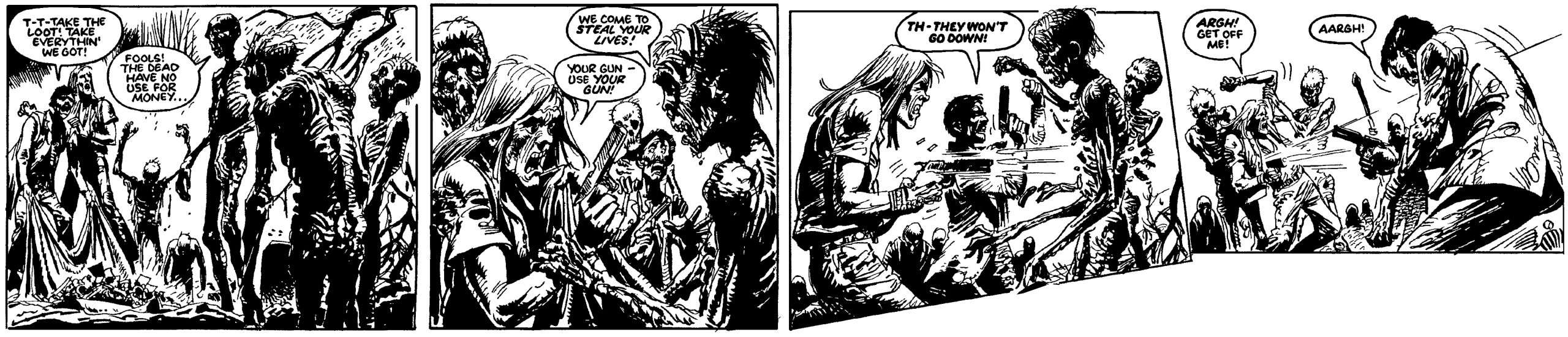 A group of skeletal figures confront armed individuals. One skeleton declares their intent to fight. A battle ensues, with weapons drawn and characters exclaiming in distress.