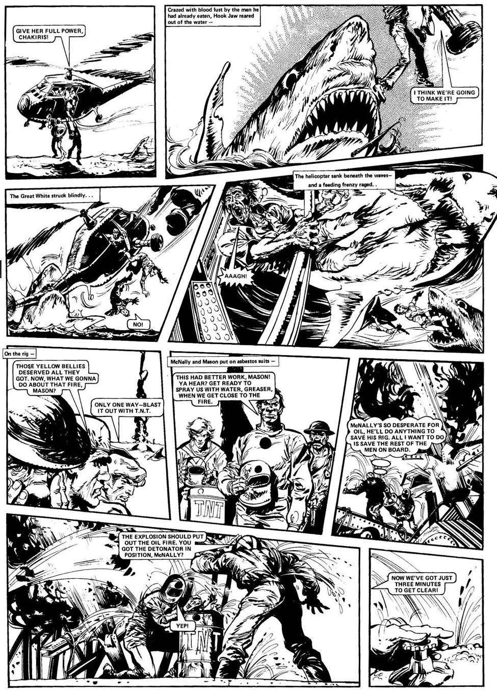 Black and white comic page featuring scuba divers encountering a great white shark, mechanical creatures attacking, and characters planning to use TNT to combat dangers. Dialogue and action scenes are depicted.