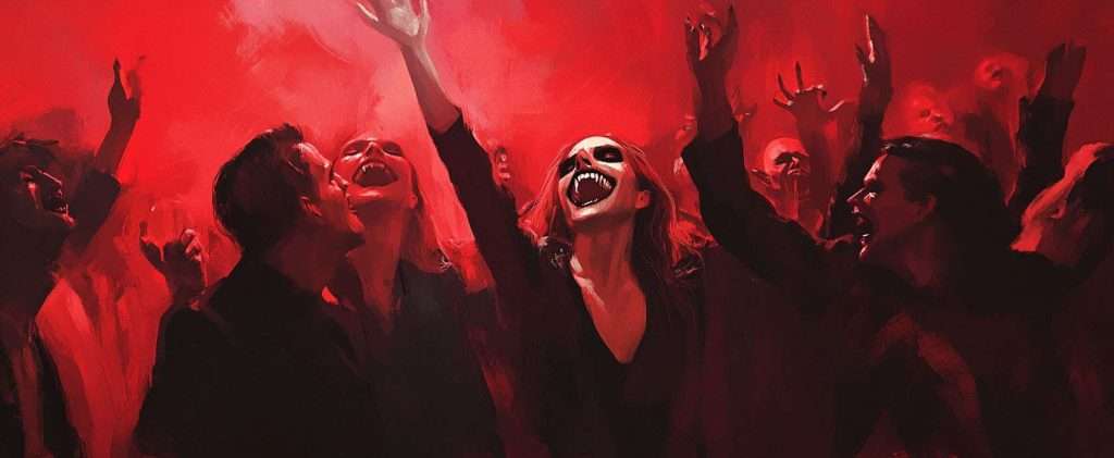 A crowd of people, painted in a dramatic red and black palette, is depicted in a state of ecstatic celebration, with one prominently smiling and raising her hand.