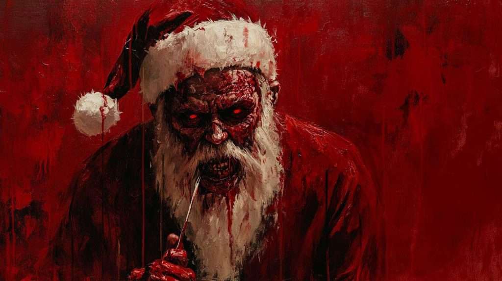 A sinister figure dressed as Santa Claus, with a blood-stained face and clothing, glowers menacingly against a dark red background.