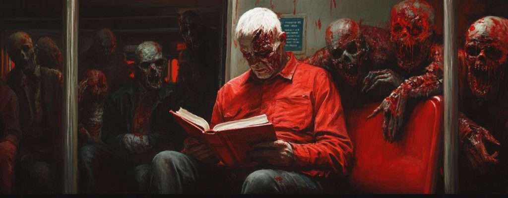 A man with white hair reads a book on a train, surrounded by zombies. He is seated and appears calm despite the gruesome figures near him.