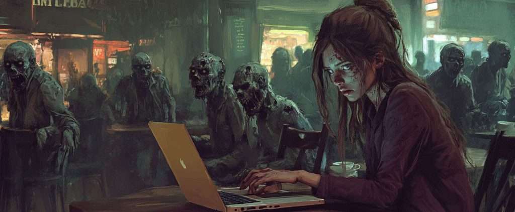 A woman types on a laptop in a dimly lit café filled with zombie-like figures sitting around her.