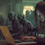 A woman types on a laptop in a dimly lit café filled with zombie-like figures sitting around her.