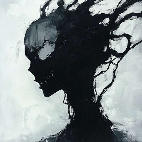 Silhouette of a dark, abstract figure with tendrils extending from the head, set against a muted background.