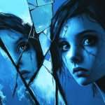 A person with scratches on their face looks into a broken mirror. The image is predominantly blue.