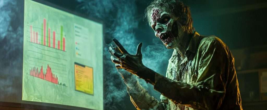 A zombie stands in a smoky room gesturing towards a projector screen displaying bar graphs and charts.