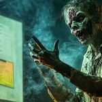 A zombie stands in a smoky room gesturing towards a projector screen displaying bar graphs and charts.