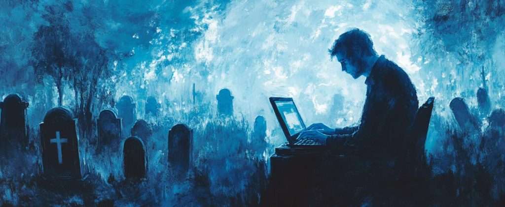 A person sits at a laptop in a cemetery, surrounded by tombstones, with a glowing blue sky in the background.