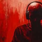 Silhouette of a person wearing headphones against a red background.