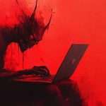 A dark, horned figure sits in front of a laptop against a red background.