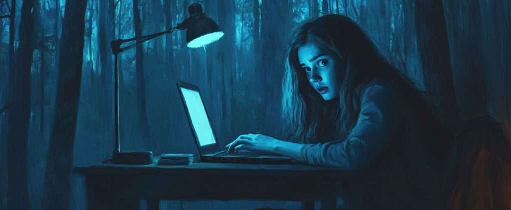 A woman sits at a desk with a laptop in a dimly lit, forested area, illuminated by a desk lamp.
