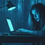 A woman sits at a desk with a laptop in a dimly lit, forested area, illuminated by a desk lamp.