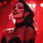 A figure with pointed ears and fangs smiles in a dark, red-lit setting.