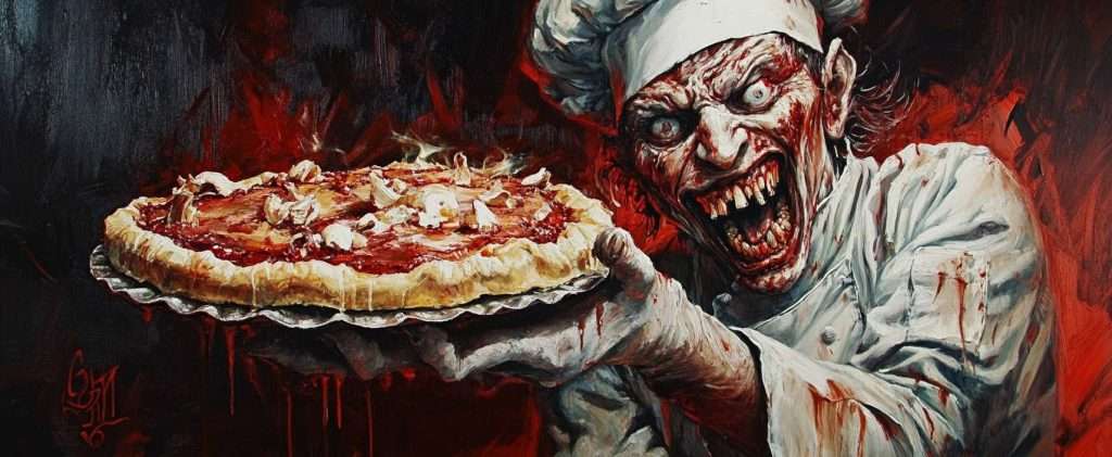 A menacing figure in a chef's outfit presents a bloody, horror-themed pizza against a fiery backdrop.