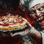 A menacing figure in a chef's outfit presents a bloody, horror-themed pizza against a fiery backdrop.