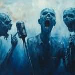 Three ghostly figures stand in a smoky atmosphere, two singing into a vintage microphone, painted in shades of blue.