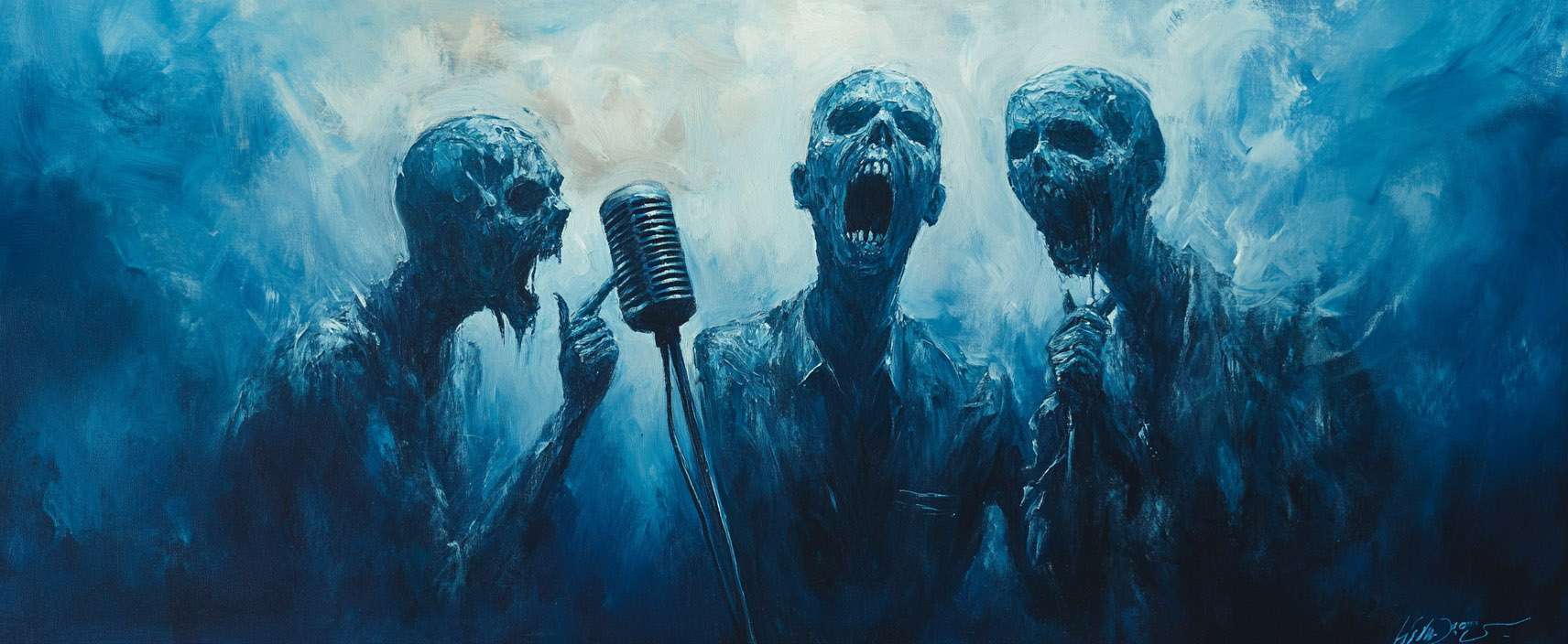 Three ghostly figures stand in a smoky atmosphere, two singing into a vintage microphone, painted in shades of blue.